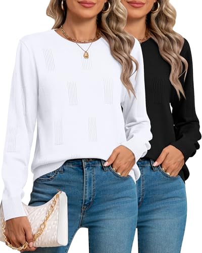 Ficerd 2 Pack Women's Fall Sweater Crew Neck Tops Knit Pullover Tops Long Sleeve Shirts Blouse Casual Outfit Fashionable 2025