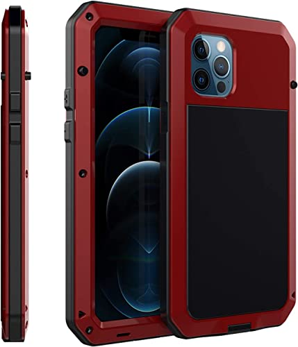 HKIDKK Funda compatible con iPhone 12 Pro Max, resistente y resistente, de metal, a prueba de golpes, con vidrio templado, para iPhone 12 Pro Max de 6.7 pulgadas (color: rojo)