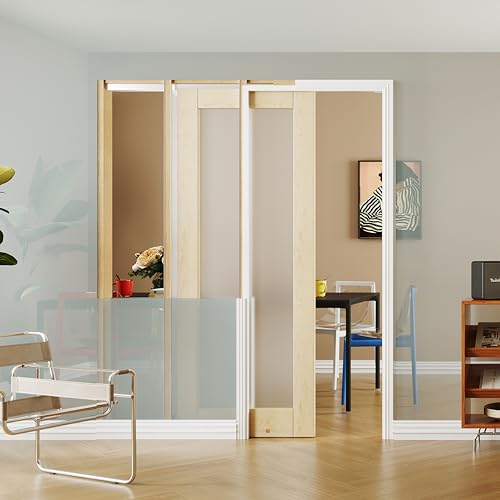 Image of Pocket Door 28 inch x 80 inch, 1-Lite Frosted Glass Pantry Door Panel with Frame and Hardware Kit Set Plus Door Jamb, Single Interior & Closet Door Slab for Sliding Door, No Panel Assembly Required