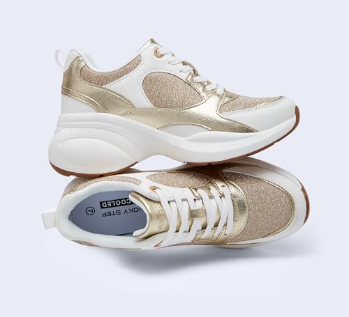 LUCKY STEP Women's Wedge Sneakers Fashion Heeled Cliff Platform Glitter Lace Up Metallic Casual Shoes4