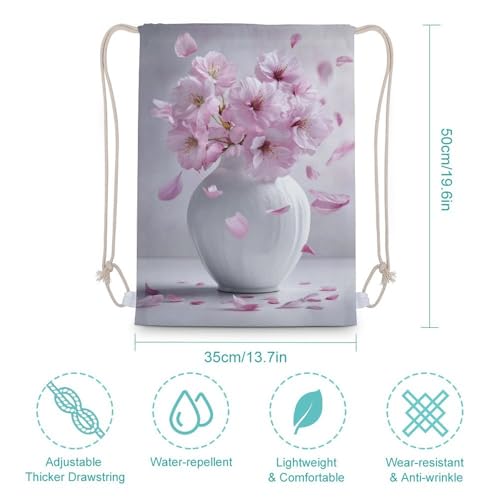 White Vase with Pink Cherry Drawstring Backpack Canvas String Bag Lightweight Sports Gym Bag for Men Women2