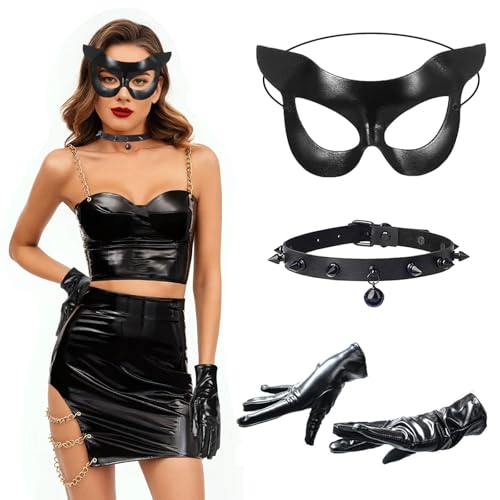 WEINIBAO Halloween Maske Damen, Halloween Maske Katze, Handschuhe Halloween Masken, Katzen Maske Damen, Choker Leder, Choker Damen, Halloween Katzenkostüm Damen, für Halloween Cosplay Masquerade