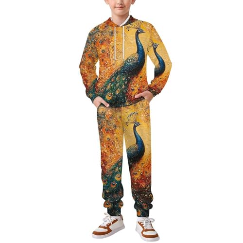 Boy's Girl's Hooded Tracksuit Pullover Sweatshirt Jogging Pants Sweatsuit, Peacock Galaxy Universe