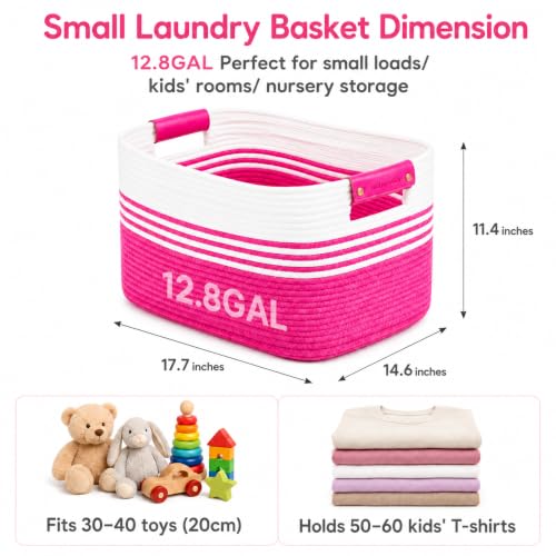 Image of 12.8GAL Kids Stuffed Animal Toy Storage Organizer, Cute Mini Nursery Laundry Basket for Baby Girls Boys Dirty Clothes, Picture Books, Small Cotton Rope Wicker Hamper for Bathroom Towels Hot Pink