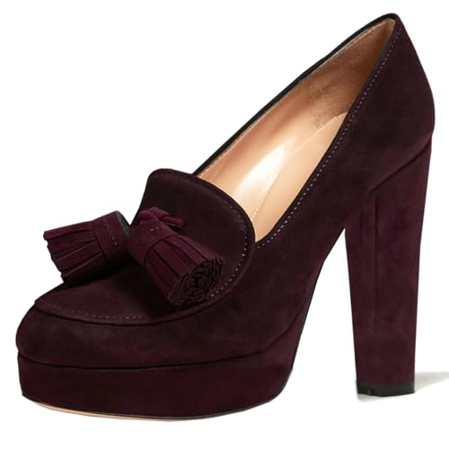 Image of SHODENSE Women Vintage Chunky Platform Loafers Pumps Tassel Round Closed Toe Slip On Suede Block High Heel Dress Loafer Shoes Buckle Strap Oxford Loafers Fringe Pump Dressy Chic Sexy Y2k 4-11 M US