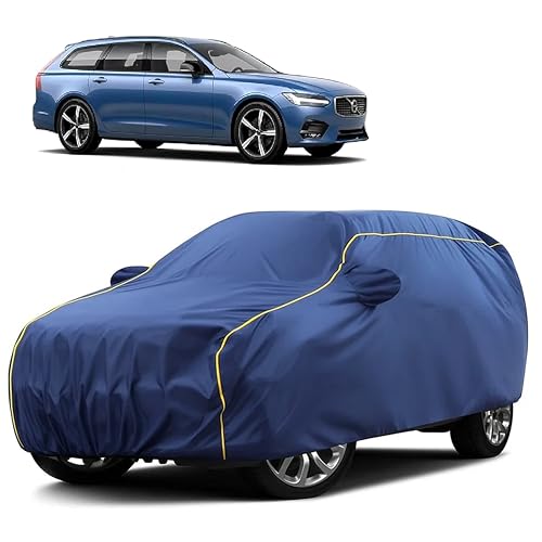 Image of Sulfar 100% Water Resistant Car Body Cover Compatible with Mirror for Volvo V90 (Triple Stitched, Full Bottom Elastic, Blue Taffeta with Yellow Piping)
