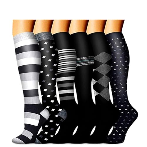 YGSGJSP Calcetines compresión para hombre 6 pares de calcetines de compresión for hombres y mujeres, 15-20 mmHg, ideales for correr, atletismo, uso médico, embarazo y viajes(Color1,S/M)