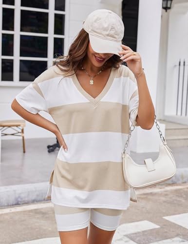 Image of Ekouaer Womens Pajamas 2 Piece Lounge Sets Oversized V Neck T-Shirts Tops Biker Shorts Set Workout Reversible Tracksuit S-XXL