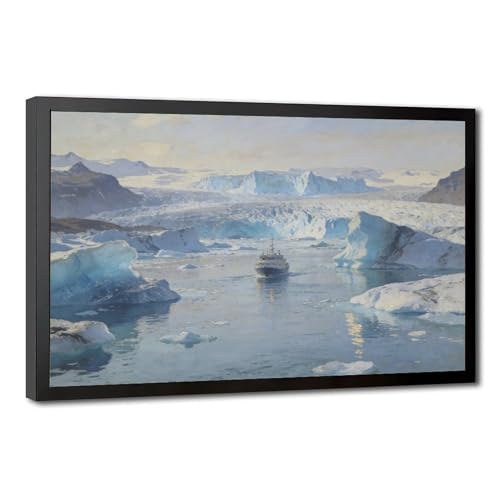 Glacier Lagoon Wall Art Print, Icebergs And Expedition Ship Arctic Landscape Painting Poster for Living Room Decor 08x12in