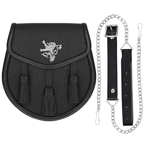 Image of Scottish Original Leather Sporran with Leather Belt & Chain (Black Leather Rampant Lion Sporran)