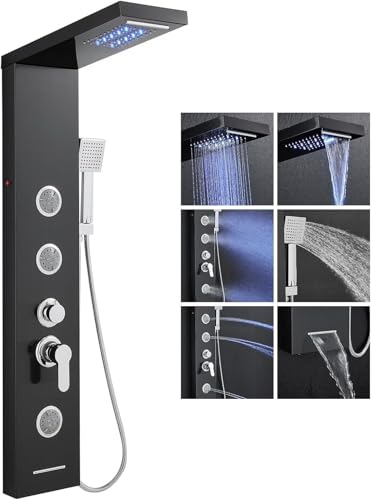 LLFFSSDG Columna de Ducha Negra, Sistema de Panel de Ducha 5 en 1 con Cabezal LED, Hidromasaje, Ducha de Mano y Bañera, Acero Inoxidable, Diseño Elegante