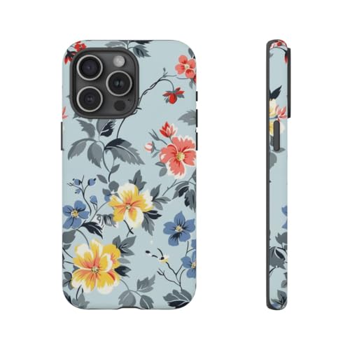 Coque rigide iPhone 15 Pro Max bleue au motif floral vintage mat