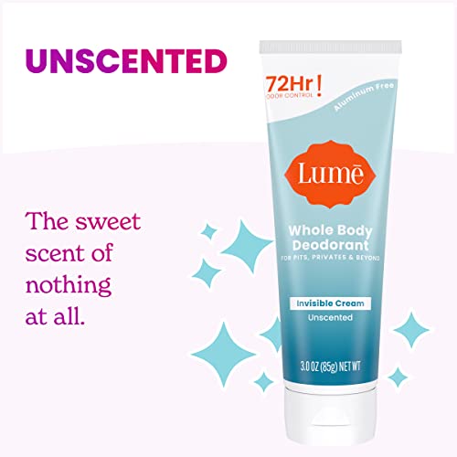 Lume Whole Body Deodorant - Invisible Cream Tube - 72 Hour Odor Control - Aluminum Free, Baking Soda Free, Skin Safe - 3.0 Ounce (Unscented) #TOP2