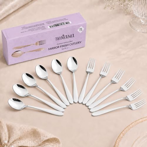 Image of Nestasia Stainless Steel 12 Piece Cutlery Set for Dining Table - Rust & Stain Resistant 6 Spoons & 6 Forks with Glossy Finish | Silver PVD-Coated Flatware Set for Home, Kitchen & Gifting