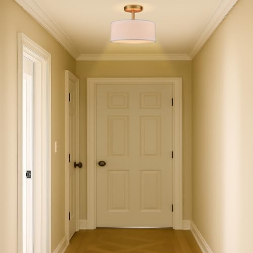Image of Modern 3 Light Gold Drum Semi Flush Mount Ceiling Light | Ceiling Mount Light Fixture for Hallway Bedroom Entryway Foyer Office