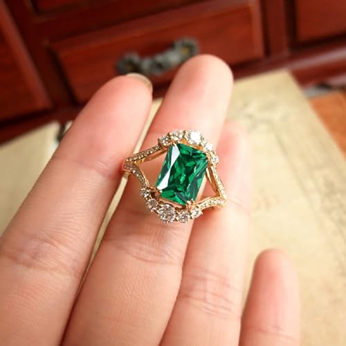 18K Gold Plated Emerald-Cut Statement Rings for Women,Green Simulated Emerald Round White Cubic Zirconia Engagement Promise Ring Size 6-103