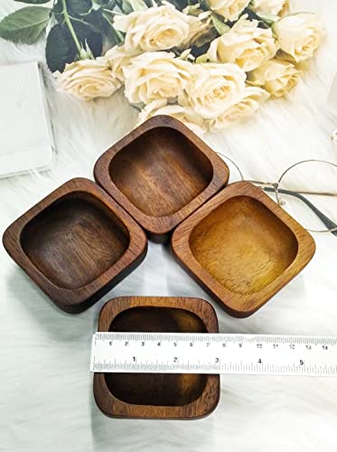 Dolphin Shop Acacia Square Wooden Bowl Tiny Size 3 X 1.4 Inch Handmade Set Of 4 (Free 4 Wood Spoons) For Condiments Dip Salt Nuts Snack Honey Cream Sugar Sauce Salsa Mustard Jelly #TOP2