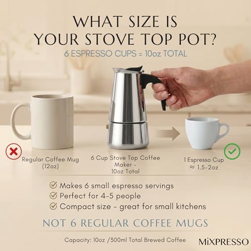 Image of Mixpresso 6 Cup Greca Moka Pot, Stainless Steel Stovetop Espresso Maker | 300ml /10oz Italian stovetop coffee maker with classic percolator design, ideal for preparing coffee at home or while camping