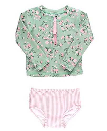 RuffleButts Long Sleeve Zipper Rash Guard - 2-Piece - Tea Roses - 3T