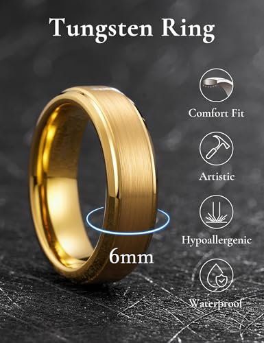 Image of King Will Tungsten Carbide Wedding Band for Men Women-4 /6 /8mm Width 14K Gold Plated Tungsten Wedding Ring Matte Brushed & High Polished Style Comfort Fit Wedding Band Size 6-14
