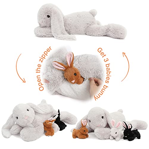 MorisMos groß hase plüschtier Kuscheltier XXL, 60cm lang Riesen Hase Kaninchen mit 3 Baby Bunny, Weich Plüschhase Stofftier Puppe, Geburtstag Weihnachten Geschenk Kinder Jungen Mädchen