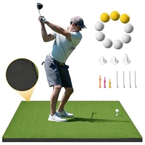 5x4ft Golf Hitting Mat, Thickened 21mm/31mm/36mm Artificial Turf Golf Practice Mats for Indoor Outdoor Backyard Driving Swing Training with 9 PU Balls, 3 Rubber Tees, 7 Tees