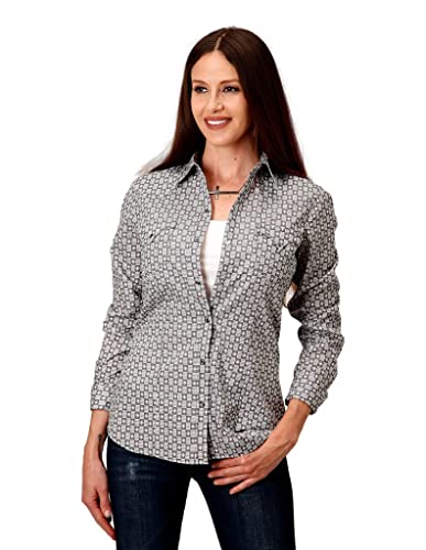 Roper Plus Size Grey Checked Diamonds Print Western Blouse W/Snaps Grey 2X #TOP15
