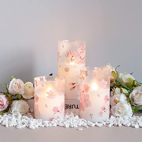 Mavandes Flameless Flickering Glass Candles with Remote and Timer,Cherry Blossoms LED Battery Operated Real Wax Set of 3 Realistic Wick Electric Pillar Candles,Warm Fire(3 x 4, 5, 6 Inches)