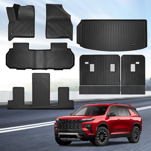 All-Weather Floor Mats for 2026 Chevy Traverse 2024-2026 Chevrolet Traverse (7-Seat Non-Limited) GMC Acadia & 2025-2026 Buick Enclave 9Pcs TPE Floor Liners Custom Fit Car Accessories Black