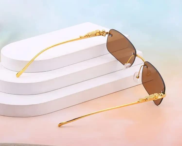 Image of Dervin Leopard Decorated Arms Rimless Rectangle Sunglasses for Men and Women