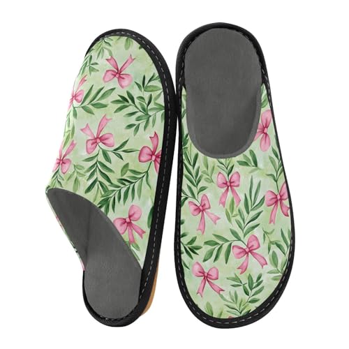 Slippers for Women Pink Bow Green Leaf Pattern Soft Winter Warm Shoes Indoor Outdoor Non-Slip House Travel Slippers