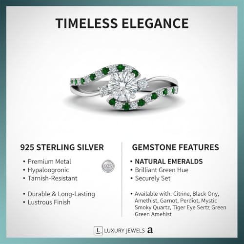 Image of Choose Your Gemstone Swirl 3 Stone Diamond CZ Engagement Ring 925 Sterling Silver Round Shape Side Stone Engagement Rings for Women, Girls and Ladies US Size 4 to 12