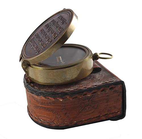 Brújula de bolsillo de latón antiguo con funda de cuero 2 pulgadas – Herramienta de navegación náutica grabada con cita 'Ve con confianza' miniatura 4