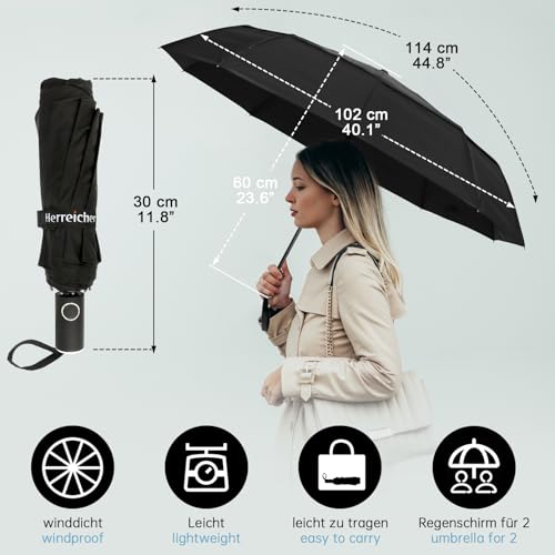 Herreicher Paraguas Plegable Antiviento Hombres Compacto - Resistente al Viento Soporte Ligero Nuevo Paraguas Automático Portátil Compacto de Viaje Paraguas de Golf para Hombre y Mujer (Negro)