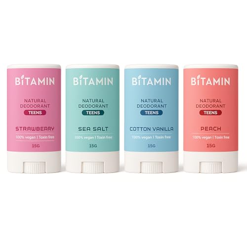 Image of Bitamin Natural Deodorant Underarm Roll On Cream For Kids & Teens | Kids Deodorant Roll On for Girls & Boys With 3% Vitamin C & E | No Aluminium, No Alcohol, No Parabens & No Triclosan | 8 Hour Odour Control, Ages 10-18 | Strawberry, Peach, Cotton Vanilla, Strawberry & Sea Salt 15 g Each (Pack Of 4)