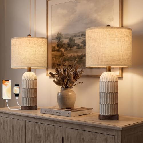OYEARS 22" Bedside Table Lamps Set of 2, Farmhouse Lamp with USB,Dark Brown