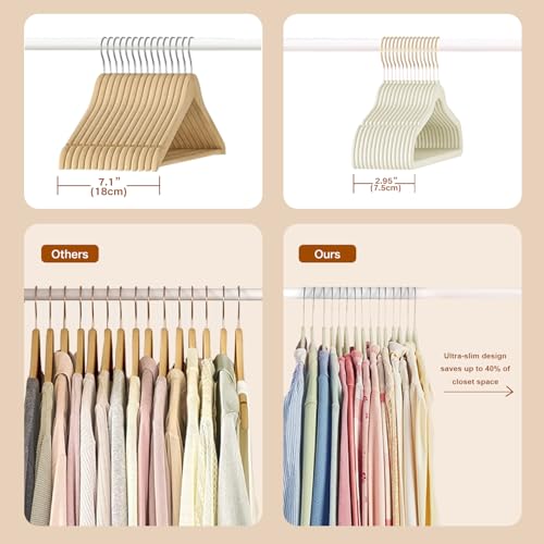 Wellong Kleiderbügel Samt, 45 cm rutschfeste Filz Bügel, Stabile Anzugbügel mit Schulterkerben, Platzsparende Kleiderbügel für Mäntel, Hosen, Silbe, 52 Stück – Crème mit Goldene Haken