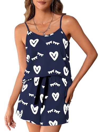 Image of GORGLITTER Short Pyjamas for Women Heart Print Summer Pjs Set Dark Blue