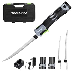 WORKPRO 12V Cordless Electric Fillet Knife with 8” and 10” Razor-Sharp Blades, Cordless Fillet Knife with Non-slip Grip Handle and Safety Lock, 2 Rechargeable Battery Packs, 1 Quick Battery Charger, and 1 Storage Carry Case for Fishing, Filleting, Outdoors