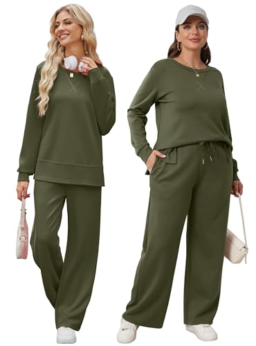 Image of OFEEFAN Women's 2 Piece Lounge Set Travel Airport Outfits Side Slit Tracksuit Wide Leg Loungewear Baggy Comfy Sweatsuit S-3XL