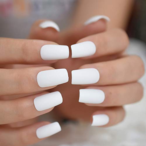 Medium Long Matte Fake Nails White Matt Solid Color Nail Tips Square Acrylic Fignernails 24