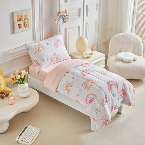 Image of Joyreap 4 Piece Toddler Bedding Set- Pink Rainbow Lovely Design, Microfiber Toddler Bedding Comforter Set for Kids Girls