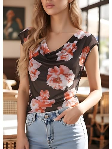 GERT COREL Women's Cowl Neck Sleeveless Top 2026 Sleeveless Ruched Floral Printed Shirts Summer Tank Tops Brown - image 2