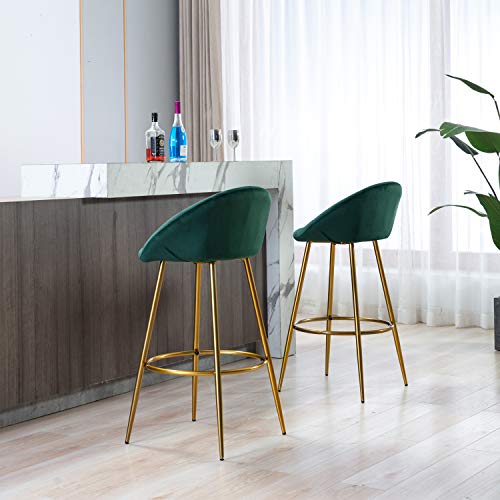 Modern Velvet Bar Stools Set Of 2, Accent Upholstered Chairs, Low Round Back Stool With Footrest，Pub Height Home Bar Dining Chairs (Dark Green) #TOP4