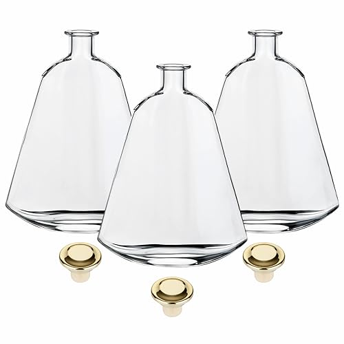 gouveo Set de 3 carafes 700 ml Isabelle avec bouchons (HGK) couleur or - bouteille design 0,7 l en verre - carafe en forme de cloche plate pour liqueur, vin, cognac...