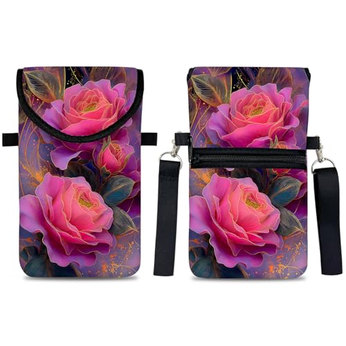 Image of Neoprene Cell Phone Sleeve Pouch Case Bag with Crossbody Strap Neck Lanyard for Women 7.5 X 4.3 in Beautiful Flowers
