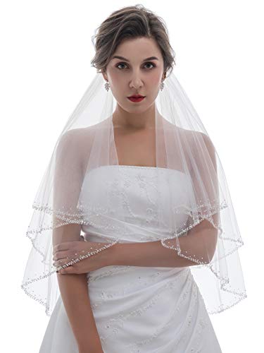 SAMKY 2T 2 Tier Pearl Bugle Beaded Wedding Veil V360