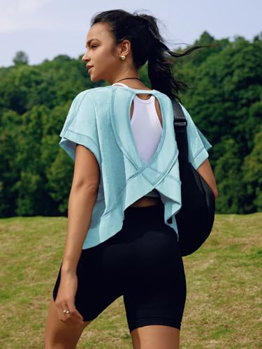 Image of SENSERISE Womens Open Back Workout Tops Backless Short Sleeve Athletic Shirt Running Crop Top Gym Yoga Tee