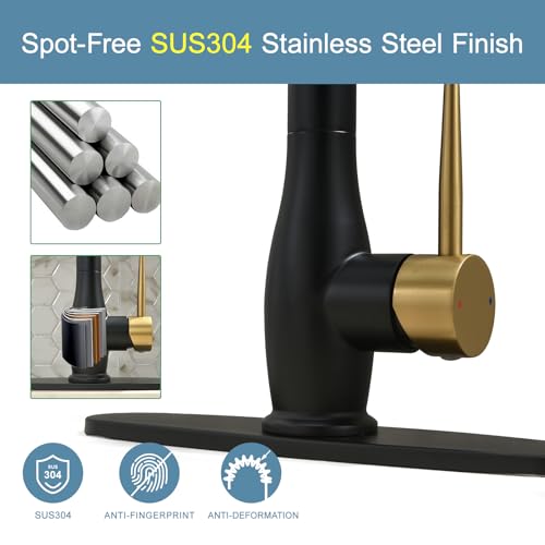Image of GIMILI Black and Gold Kitchen Faucet with LED Single Handle Kitchen Sink Faucet with Pull Down Sprayer Commercial Double-Headed Stainless Steel Kitchen Faucets Sink with Deck Plate