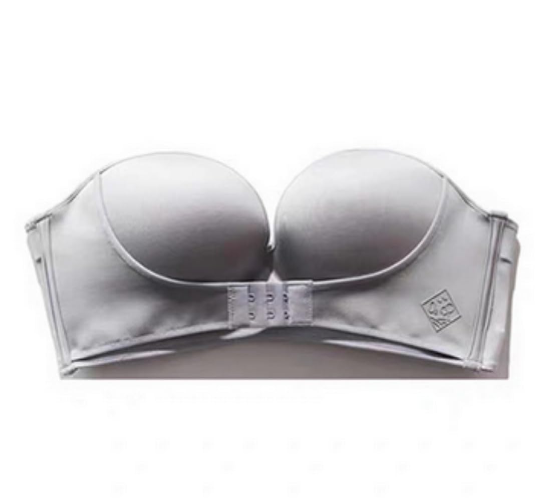 Anso Women's Gray Invisible Push Up Bra Front Buckle Underwear Lingerie Strapless Non-Slip Seamless (,36(80) A)